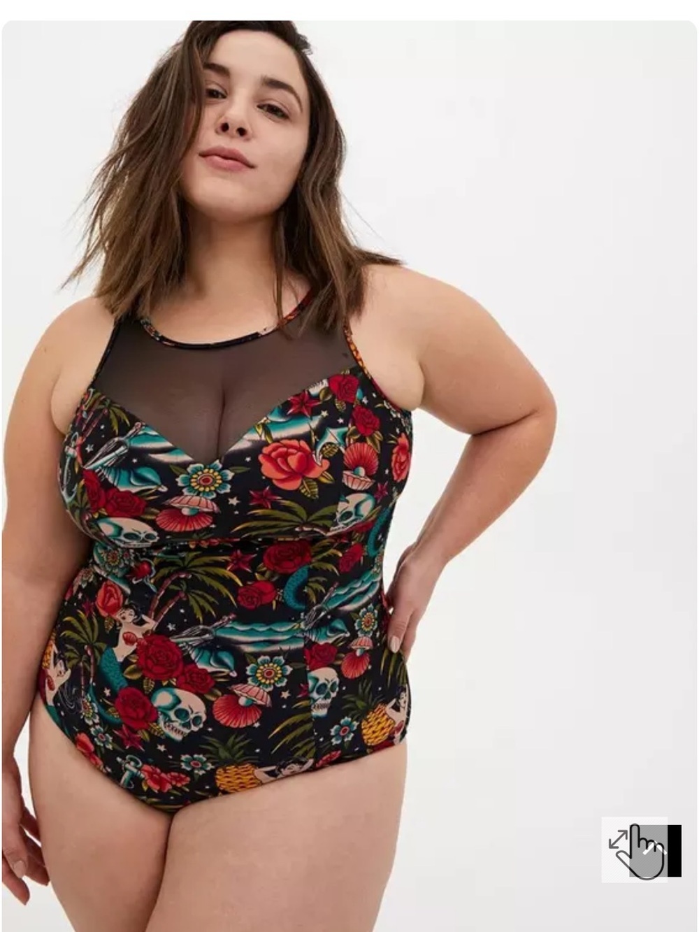 Torrid Retro Tattoo Wireless Mesh High Neck One Piece Swimsuit- Size 1